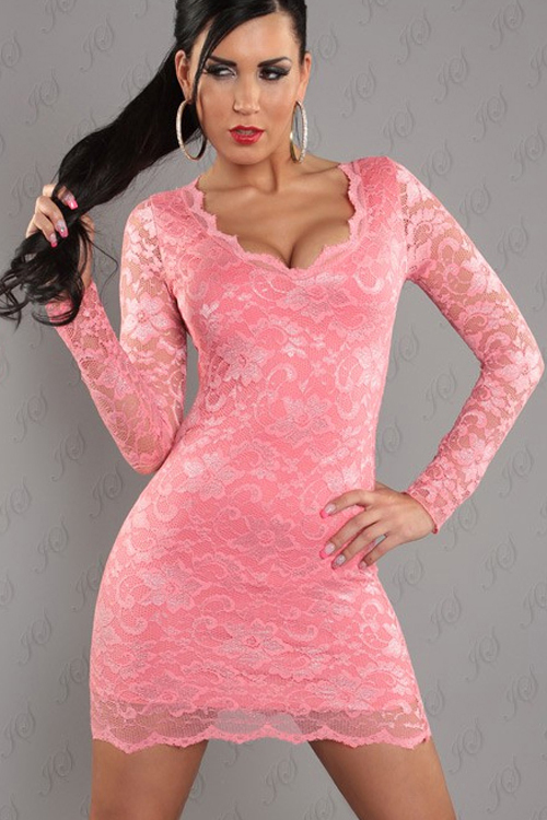 Pink Double Layer Lace and Satin Mini Dress